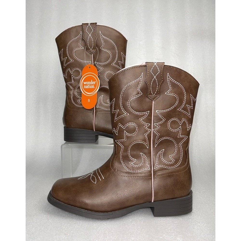 Wonder‎ Nation Brown Pull-on Square Toe Cowboy Cowgirl Boots Big Girls Size 5